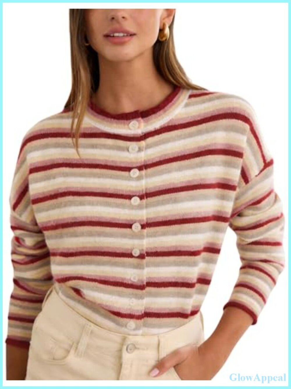 Women's Striped Cardigan Sweater Lightweight Knit Cardigan Crew Neck Long